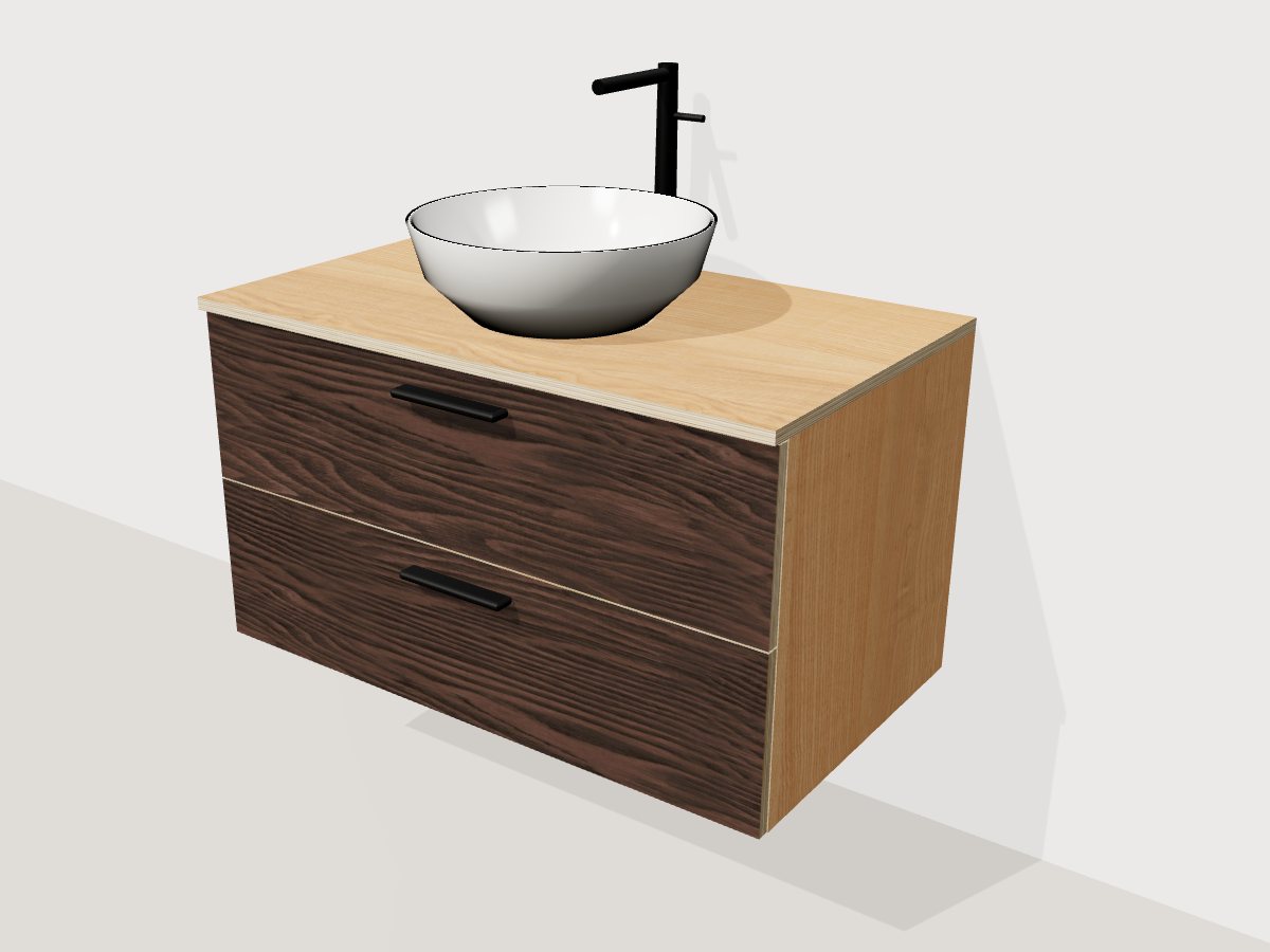 Floating 36-inch vanity with walnut drawer fronts, Baltic birch plywood top and a white vessel sink