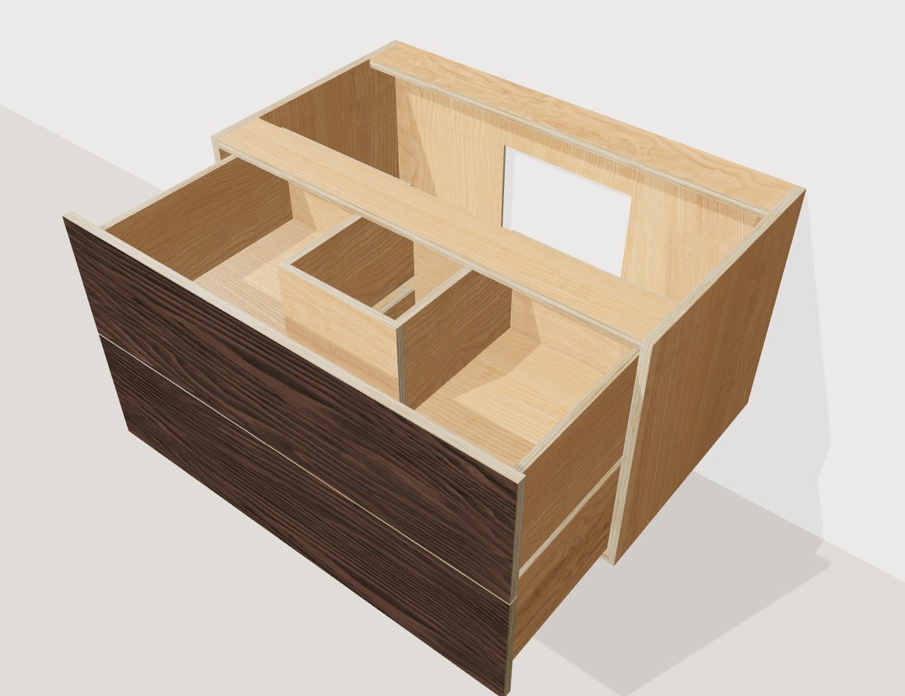 Open vanity drawers showing a U-shaped drawer box that wraps around the sink drain